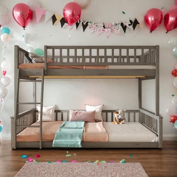 slide 2 of 10, Full XL over Queen Bunk Bed with Ladder and Guardrails,Divided into 2 Separate Platform Bed,Easy Assembly,Gray Gray - Full
