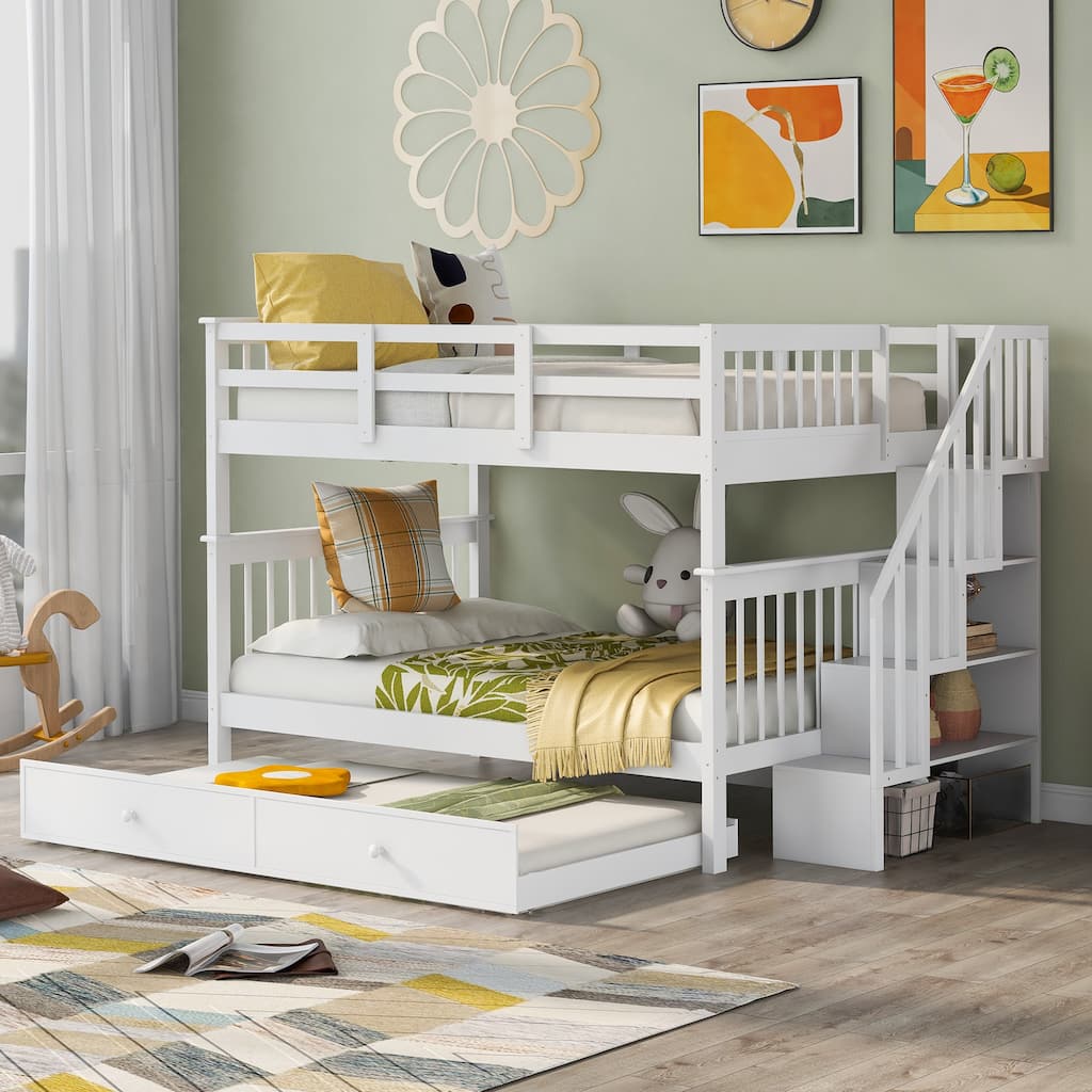 Full-Over-Full Bunk Bed with Twin Trundle, Storage, Guard Rail, White