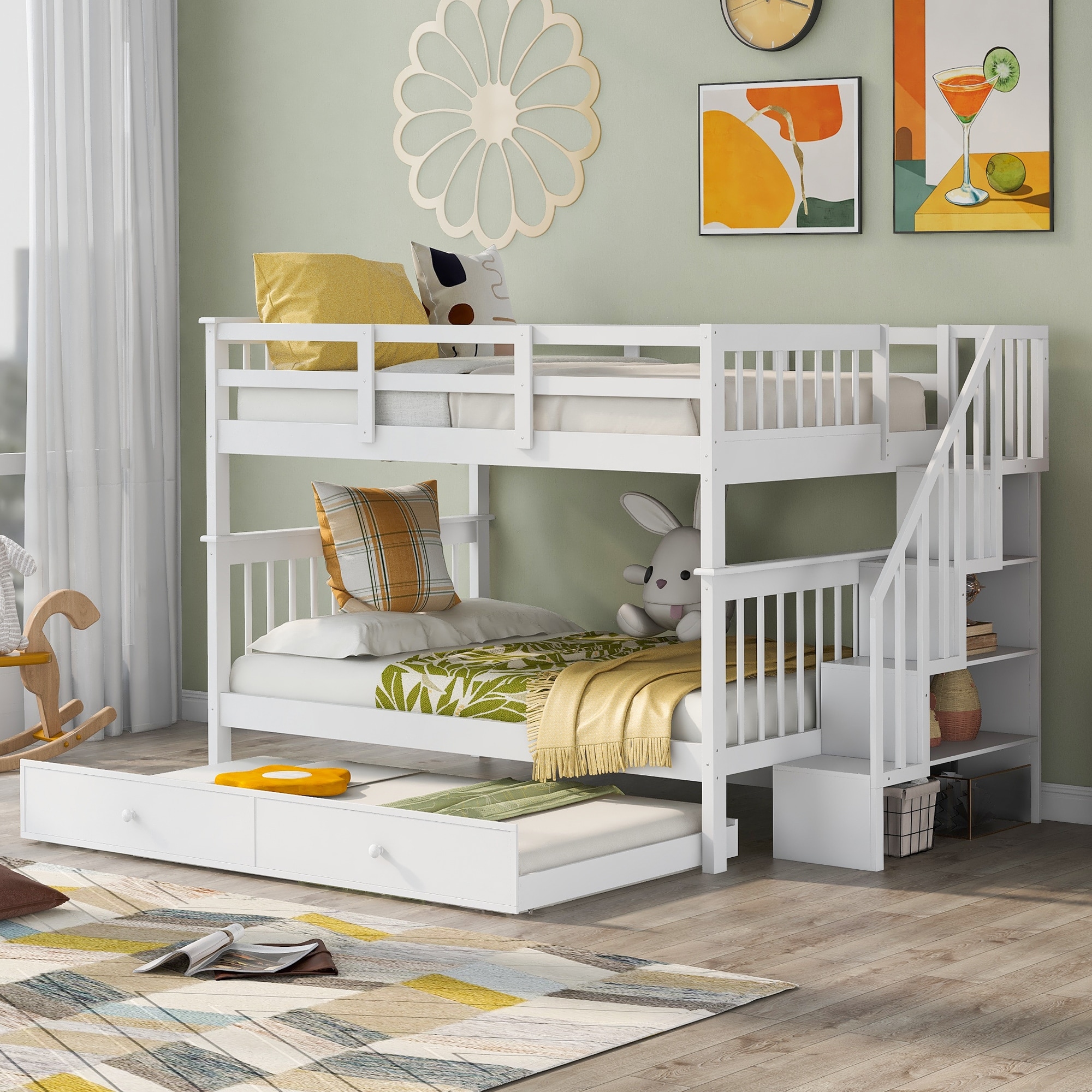 Stairway Full Over Full Bunk Bed with Trundle Detachable Wood
