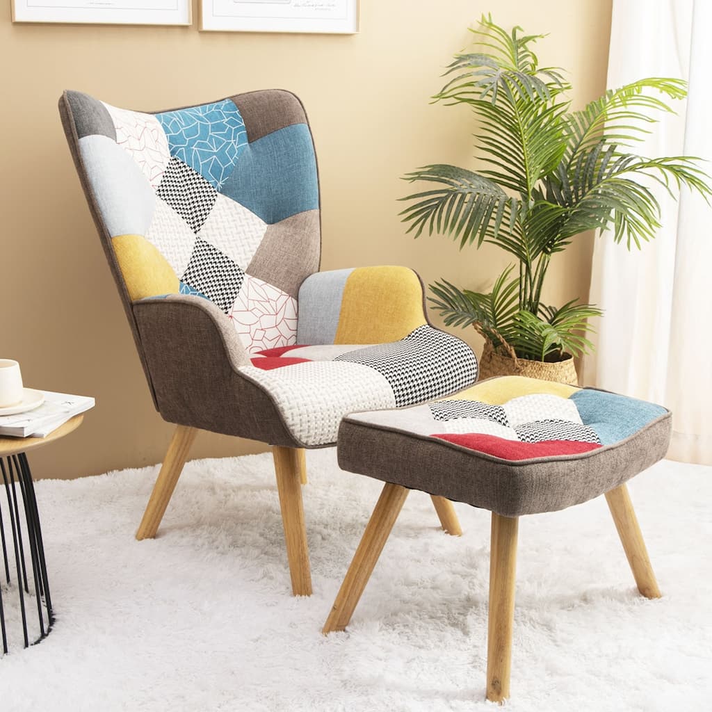 Creative Splicing Cloth Surface Accent Chair with Ottoman