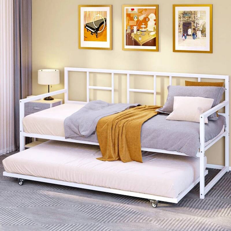 Twin Size White Metal Daybed with Roll Out Trundle Frame Heavy Duty Steel Sofa Bed with Wheels and Slats Included