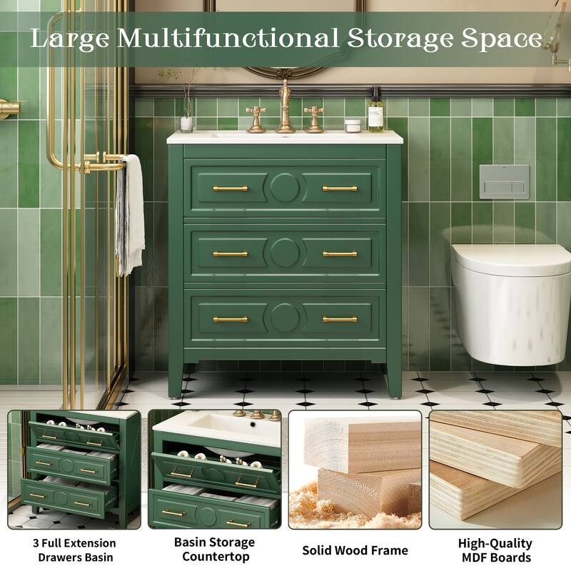 GDFStudio - Wimborne Retro Freestanding Bathroom Vanity with Ceramic Sink and 3 Storage Drawers - 30'W