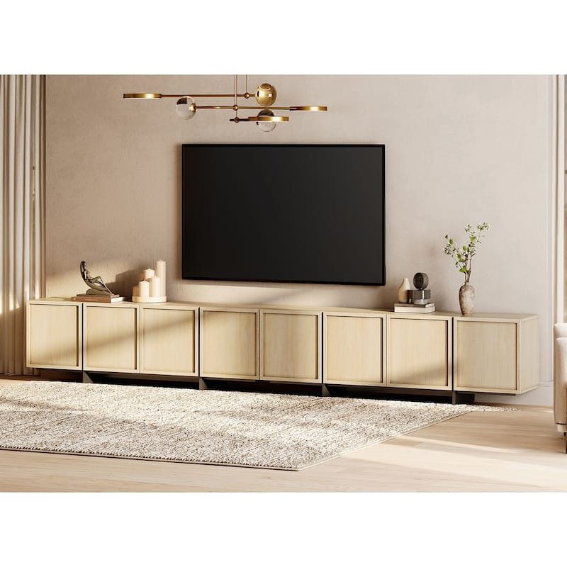 WAMPAT TV Stand with T-Shaped Legs, Modern Entertainment Center with 4 Storage Cabinets, Media Console TV Table for Living Room