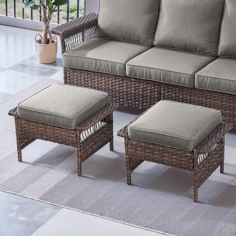 Gymojoy 2 Rattan Patio Ottoman Footrest Wicker Footstool - Brown