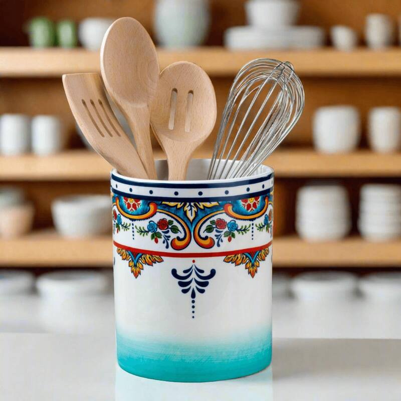 Euro Ceramica Zanzibar Ceramic Utensil Crock - 5.71 in. x 5.71 in. x 7.48 in.