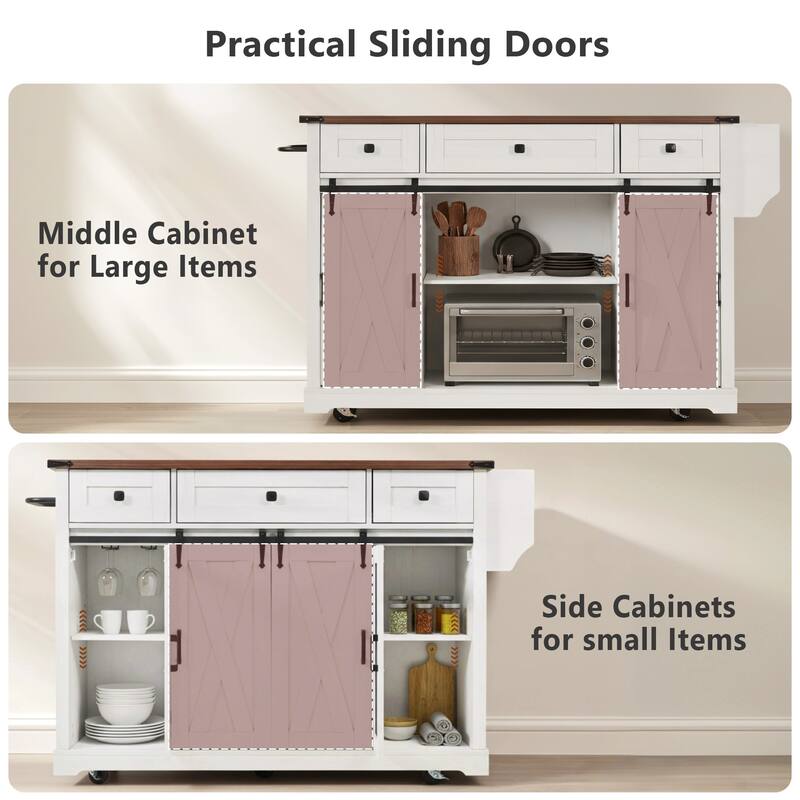 Rolling Kitchen Island Storage Table on 5 Wheels with Sliding Barn Door, Metal Grid Door, Spice Rack, Glass Holders, Drop Leaf