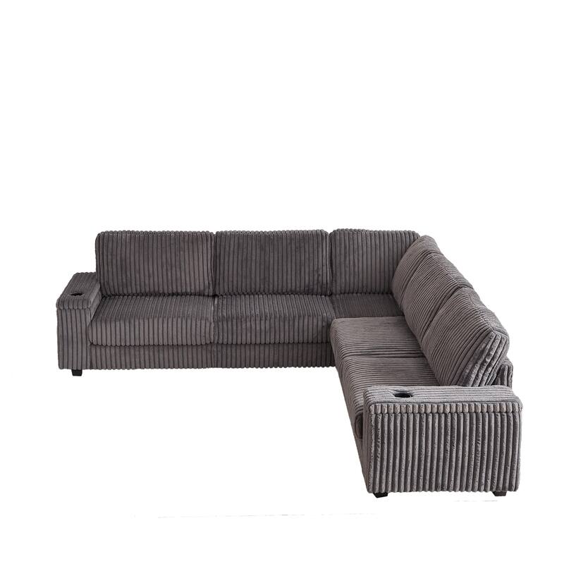 110" Corduroy L-Shaped Sectional Sofa with Storage, USB Charging and Cup Holders