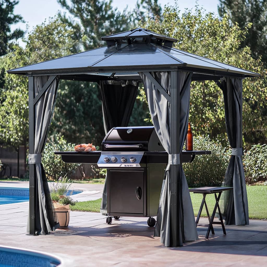 8 x 8FT Outdoor Hardtop BBQ Grill Gazebo with UV-Resistant Polycarbonate Roof