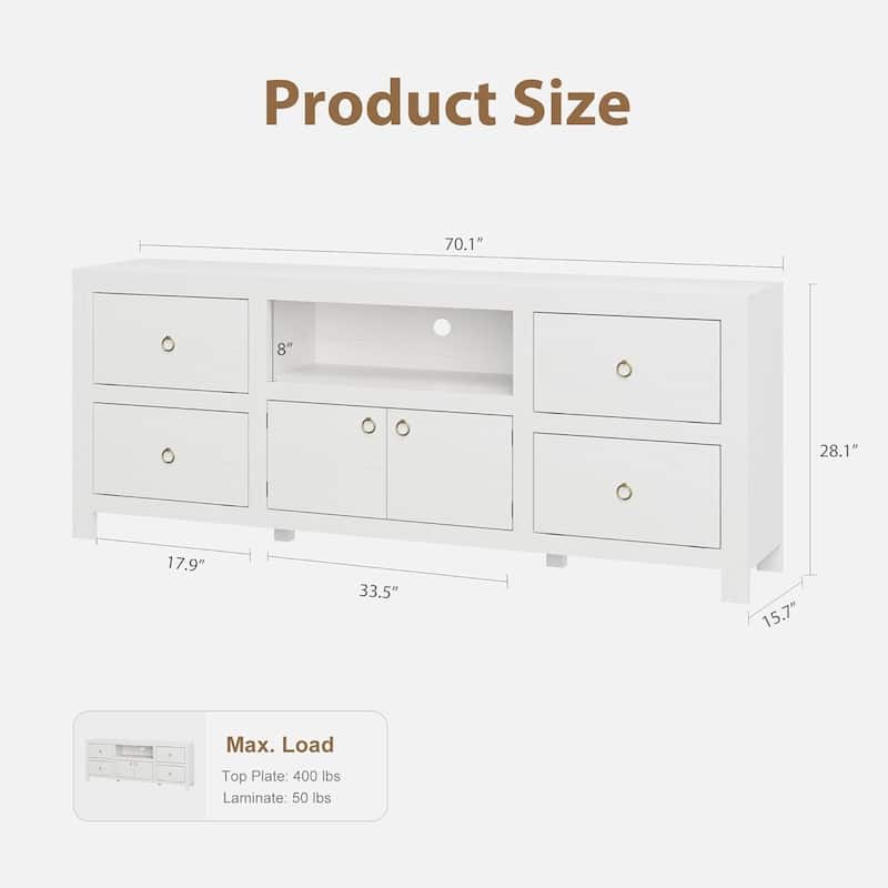 Farmhouse TV Stand for 75/80 Inch TVs, 70" Long Entertainment Center with 6 Storage Drawers & Soundbar Shelf, White