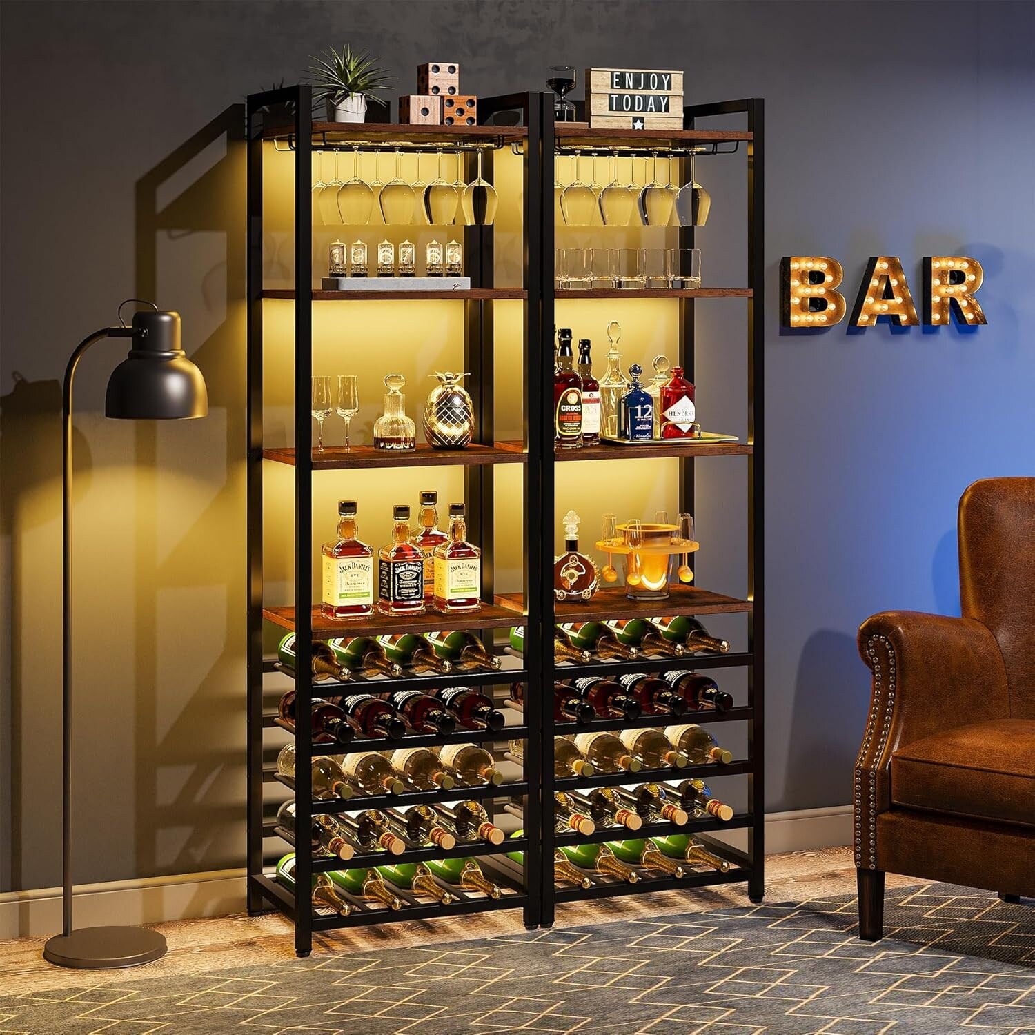 20 Bottle Freestanding Floor Wine Rack 9 Tier Floor Liquor Cabinet with Glass Holder and Storage Shelves On Sale Bed Bath Beyond 36340871