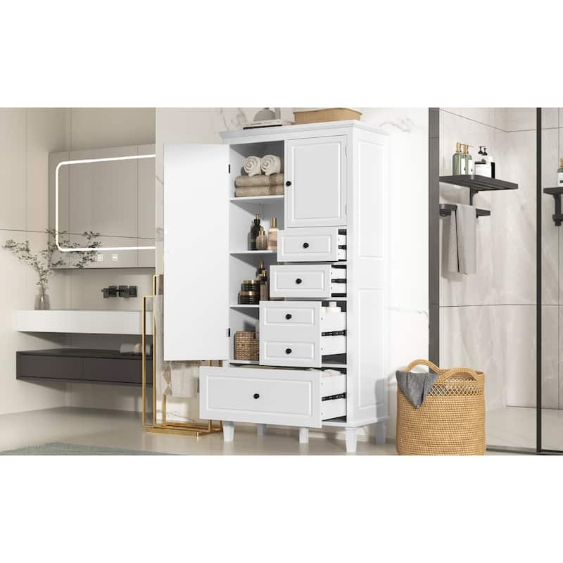 Tall and Wide Storage Cabinet with Doors for Bathroom/Living Room, Four Drawers of Different Sizes, Adjustable Shelves
