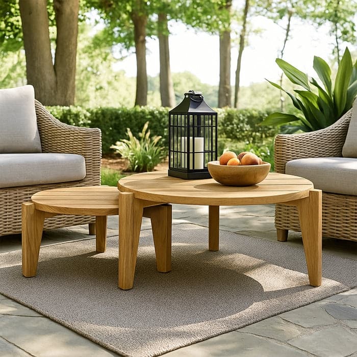 Nordic Teak Natural Wood Indoor or Outdoor Circular Coffee Table - 25-33" - 31.5" x 31.5" x 15.75"