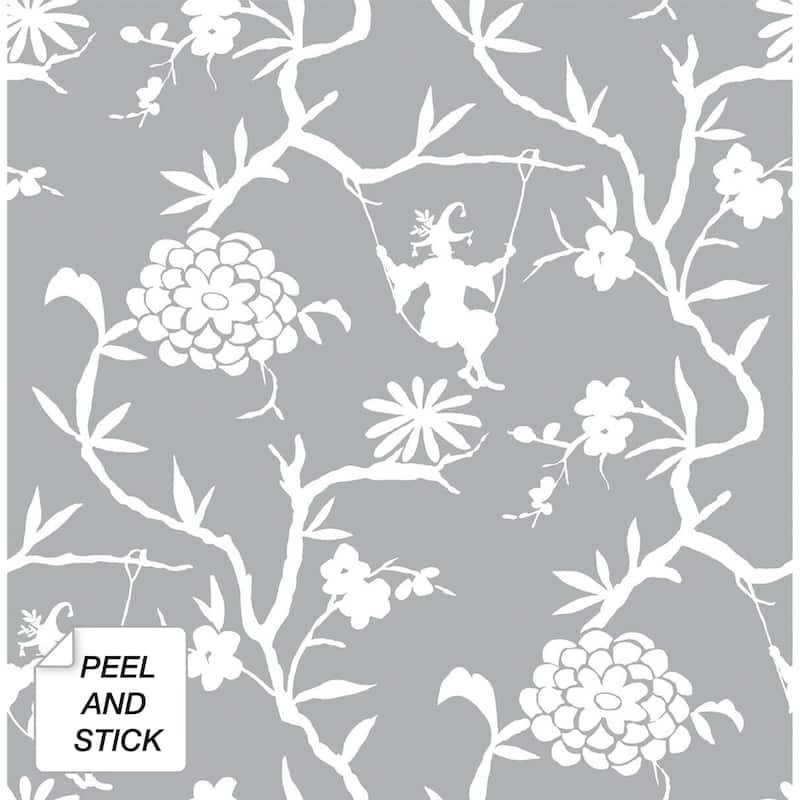 NextWall Chinoiserie Silhouette Peel and Stick Wallpaper - 20.5 in. W x 18 ft. L - Metallic Silver & White