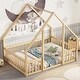 preview thumbnail 3 of 6, Full Pine Wood House-Shaped Floor Bed Frame w/Fence&Guardrails,Natural