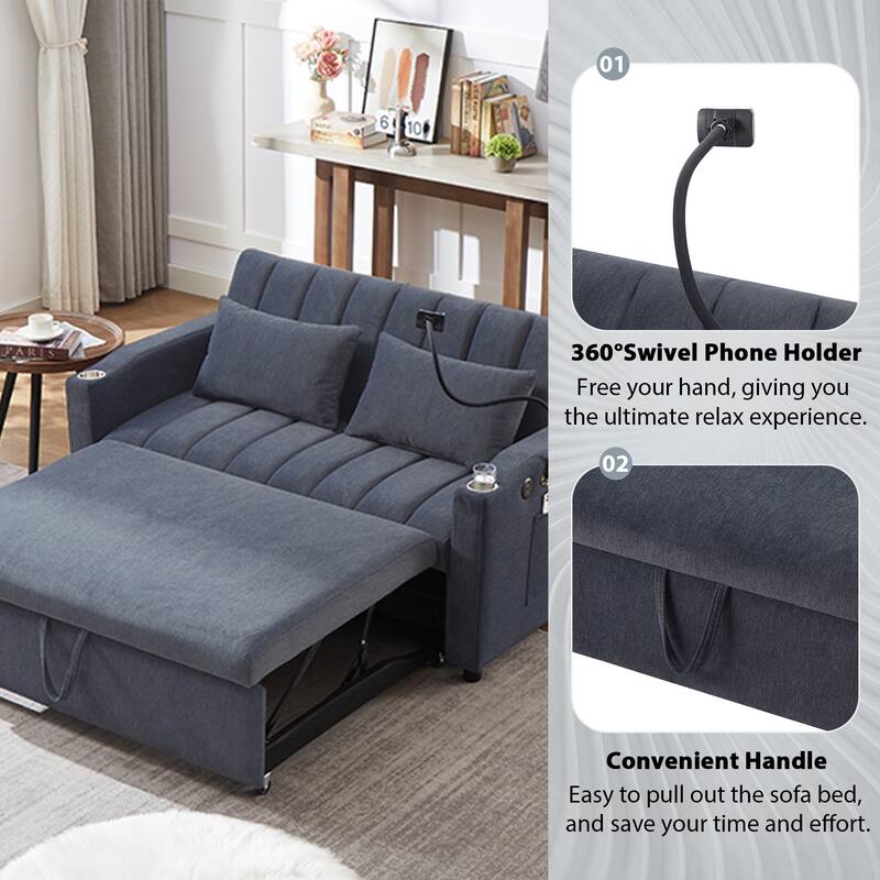 55.9" Convertible Sofa Bed Loveseat Sofa with Three USB Ports, Two Side Pockets, Two Cup Holders and 360°Swivel Phone Holder