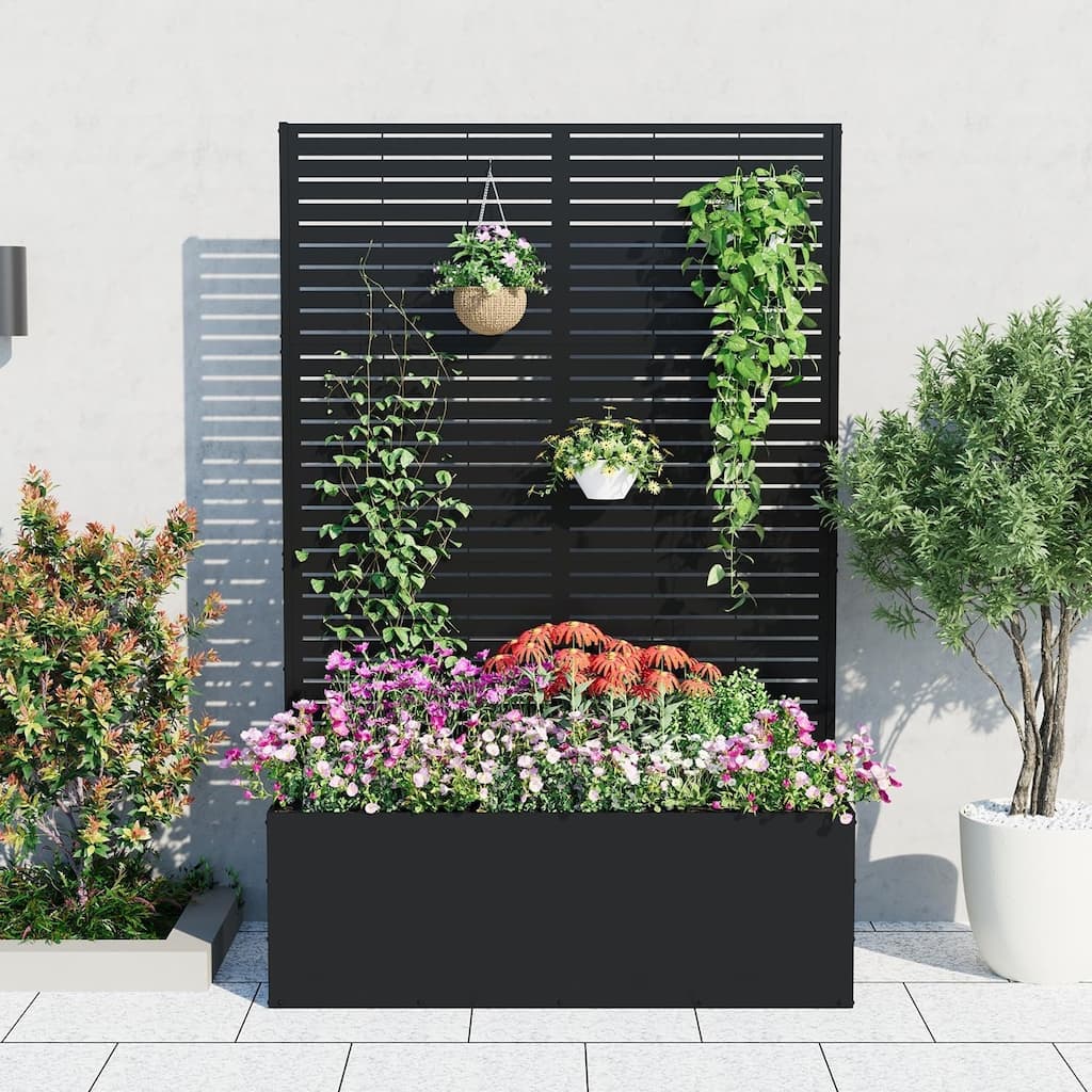 71 x 47 x 16 Inch Metal Raised Garden Bed with Trellis for Climbing Plants Vegetables and Privacy Screen Horizontal stripes