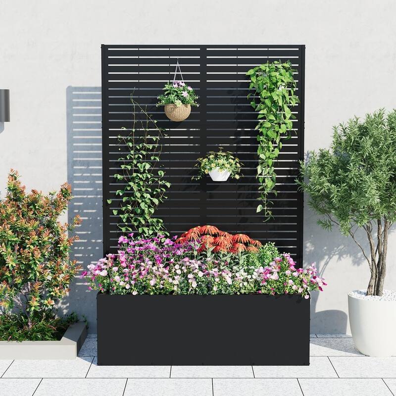 71 x 47 x 16 Inch Metal Raised Garden Bed with Trellis for Climbing Plants Vegetables and Privacy Screen Horizontal stripes - 71 x 47 x 16 Inch