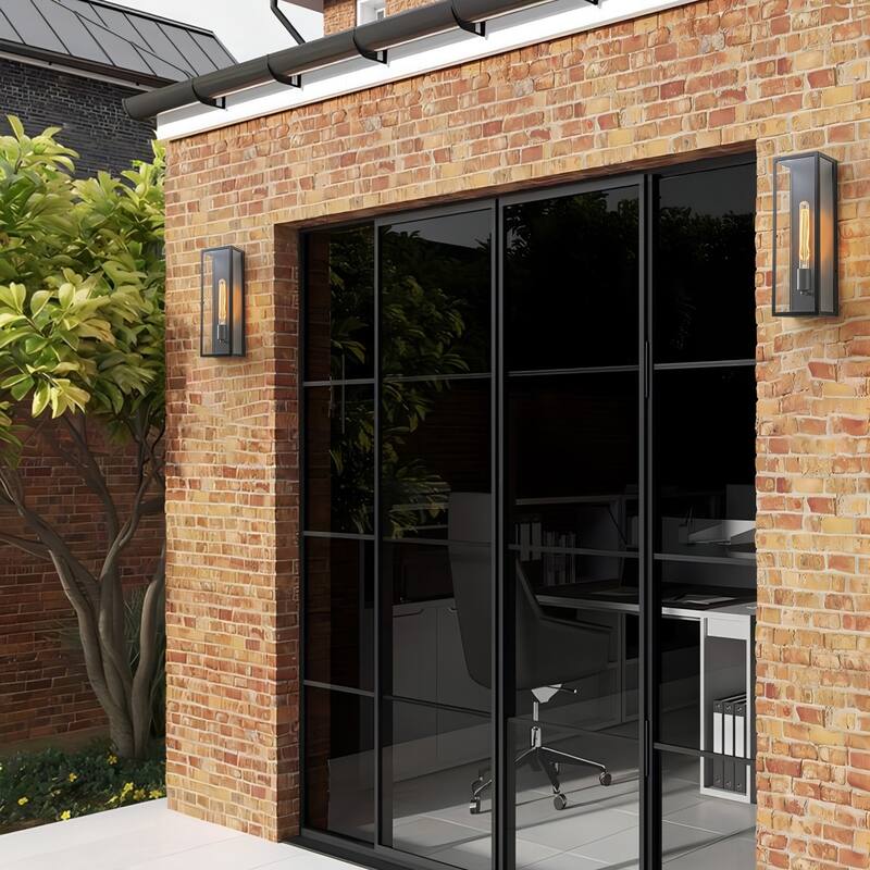 1-Light Matte Black Rectangular Iron & Glass IP44 Outdoor Wall Sconce for Patio - 1 Lighgt