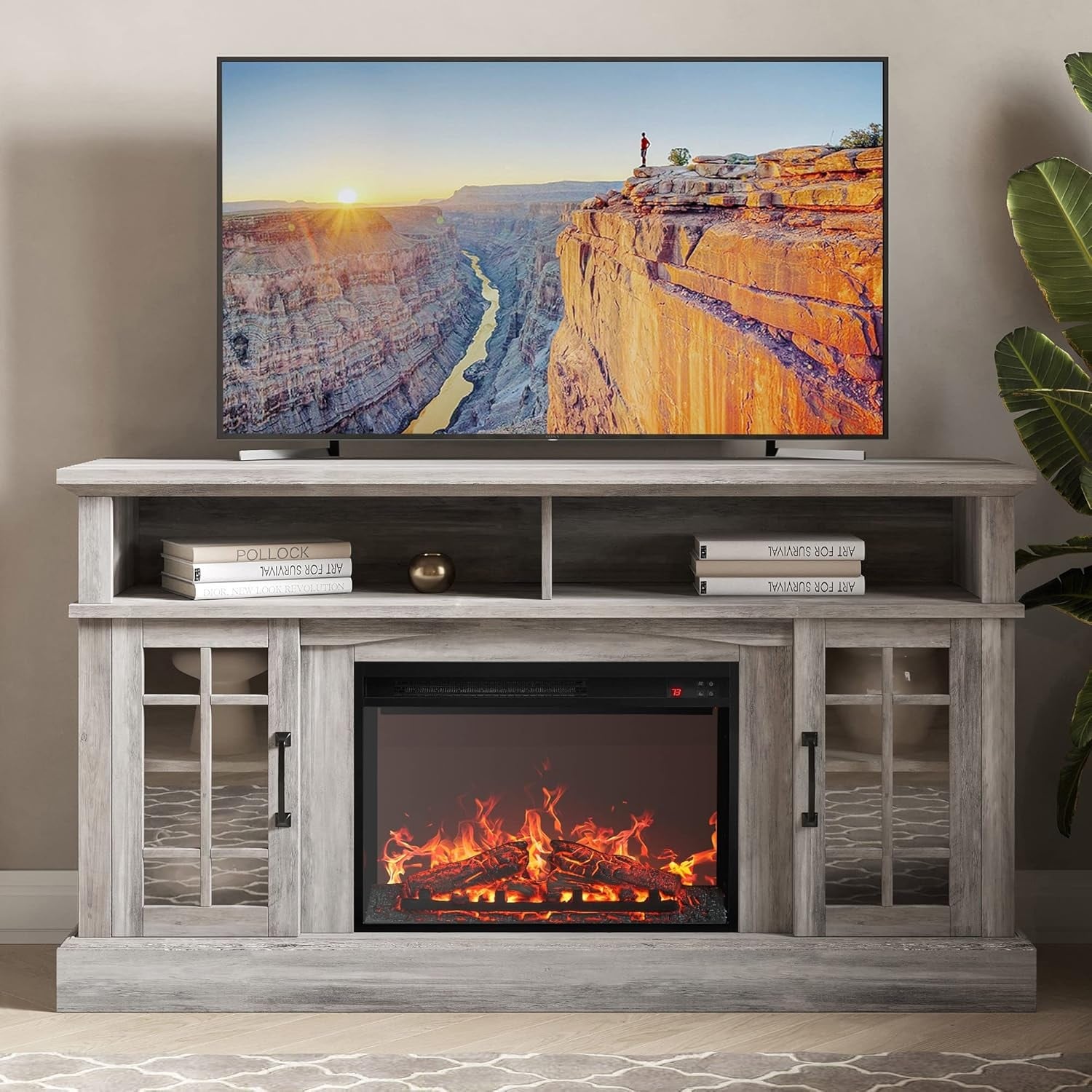 Rustic 58" TV Stand with 23" Electric Fireplace, Media Console for TVs up to 65", Open Storage & Cabinets - Grey Wash