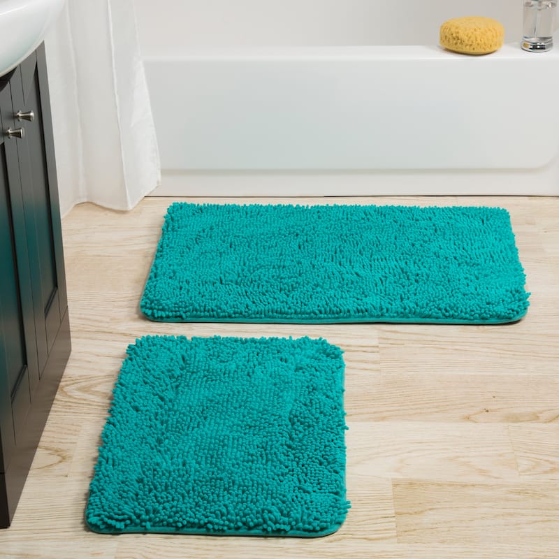 Bathroom Rugs - 2-Piece Memory Foam Bathroom Set with Chenille Shag Top and Non-Slip Base by Windsor Home - Seafoam