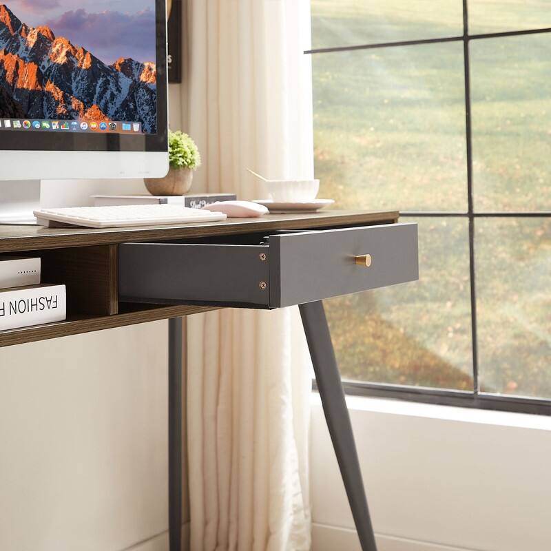 Mid-Century Modern Office Desk with Built-In Charging Station & Storage Drawers