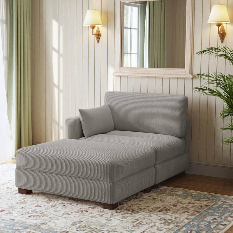 Modern Corduroy Upholstered Sectional Chaise Lounge with Ottoman - LIGHT GRAY-Left Facing - Left Facing