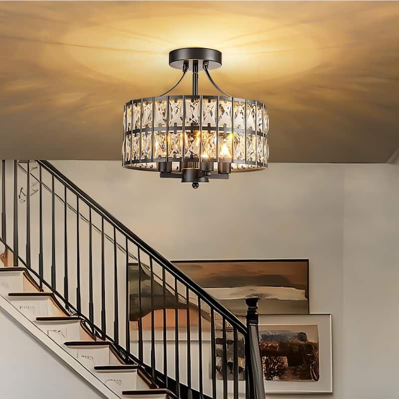 4-Light 13-inch Mid-Century Modern Crystal Drum Ceiling Light Lantern Crystal Semi-Flush Mount Light - Black