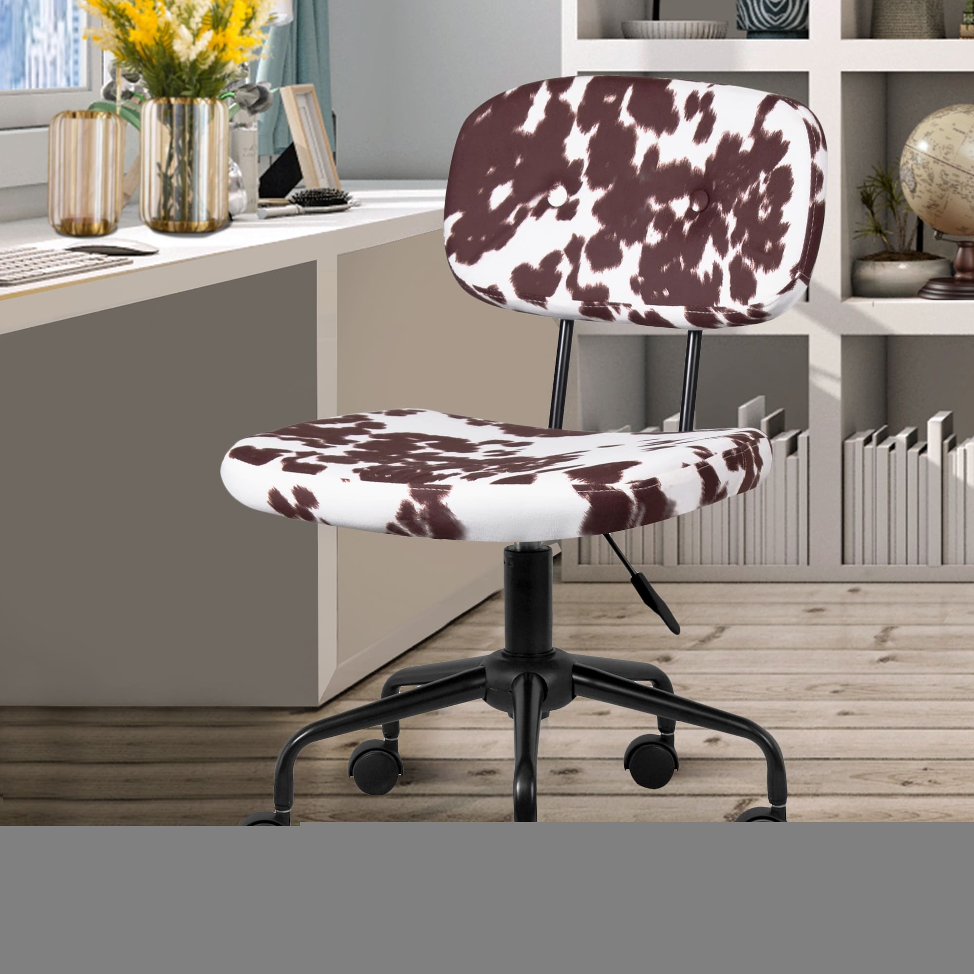 Armless Adjustable Swivel Office Desk Chair in Plush Faux Cowhide  Leather，Brown/Black Cow Print