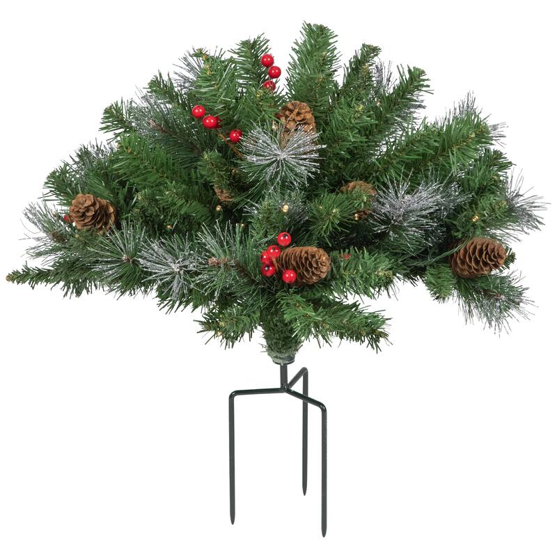 LED Frosted Pinecones Berries Christmas Urn Filler Garden Stake 20" - Green