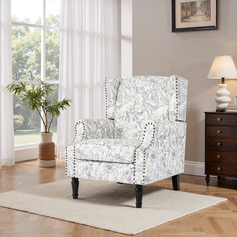 Traditional Floral Patterned Wingback Armchair with Nailhead Trim