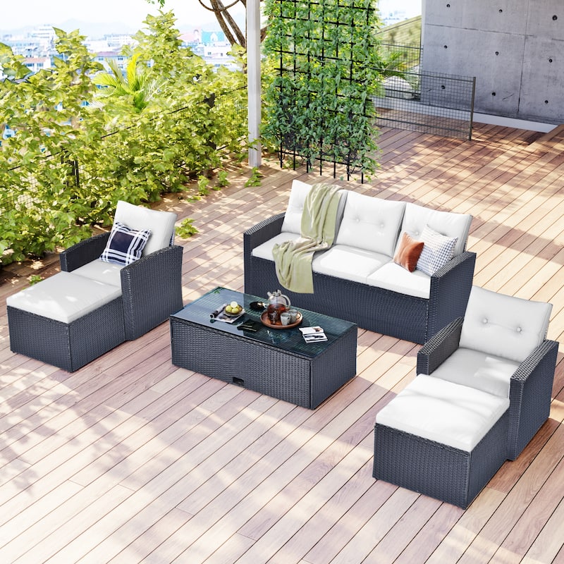 6-Piece All-Weather Wicker PE Rattan Conversation Sectional Set with Coffee Table