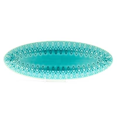 Euro Ceramica Peacock 13" Oval Crackle-Glazed Appetizer Platter - 13.63 in. x 4.81 in. x 1.38 in.