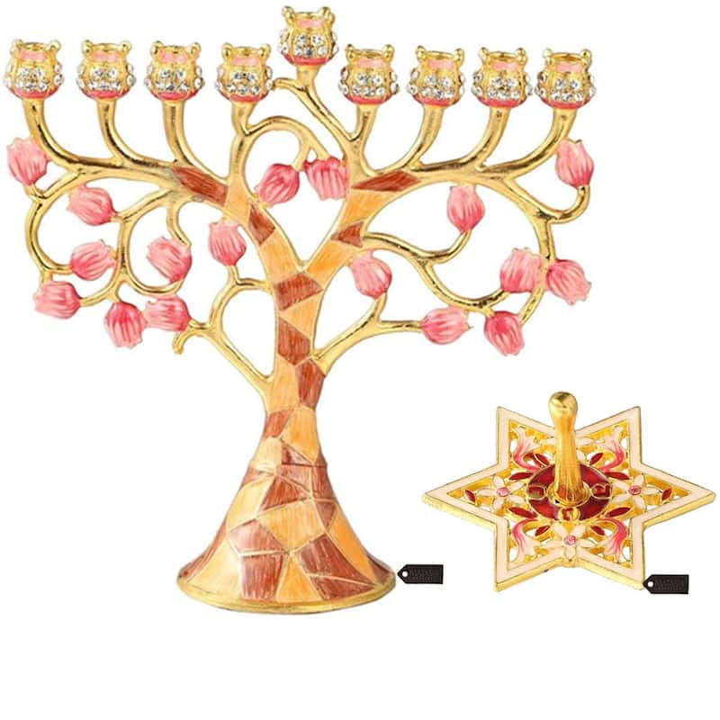Matashi Hand-Painted Spinning Dreidel Holiday Ornament & Enamel Menorah Candelabra w Pomegranate Design w Crystals Hanukkah Gift