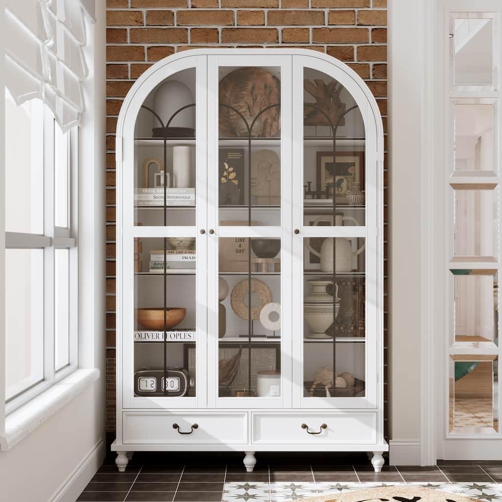 Vintage - inspired White Display Cabinet and Storage Cabinet: Arched Design, Magnetic - closure Glass Doors & Ample Storage