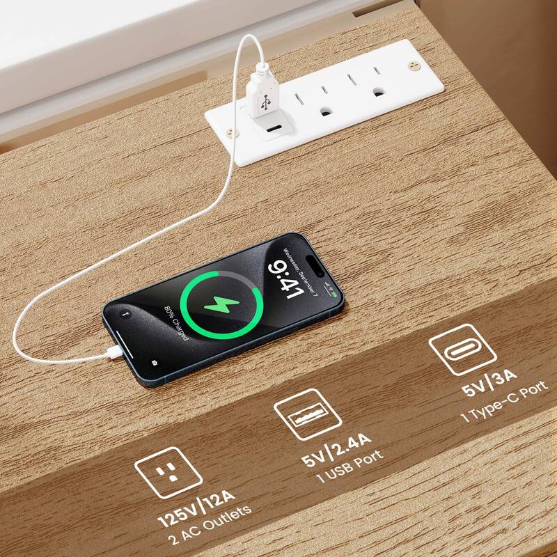 Costway 1/2 PCS Nightstand with Charging Station, 3 Storage Drawers