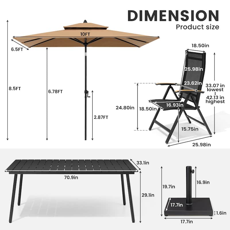 9/11-Piece Outdoor Aluminum Patio Dining Set w/10 ft Umbrella and Base, Rectangle Table and Folding Chairs