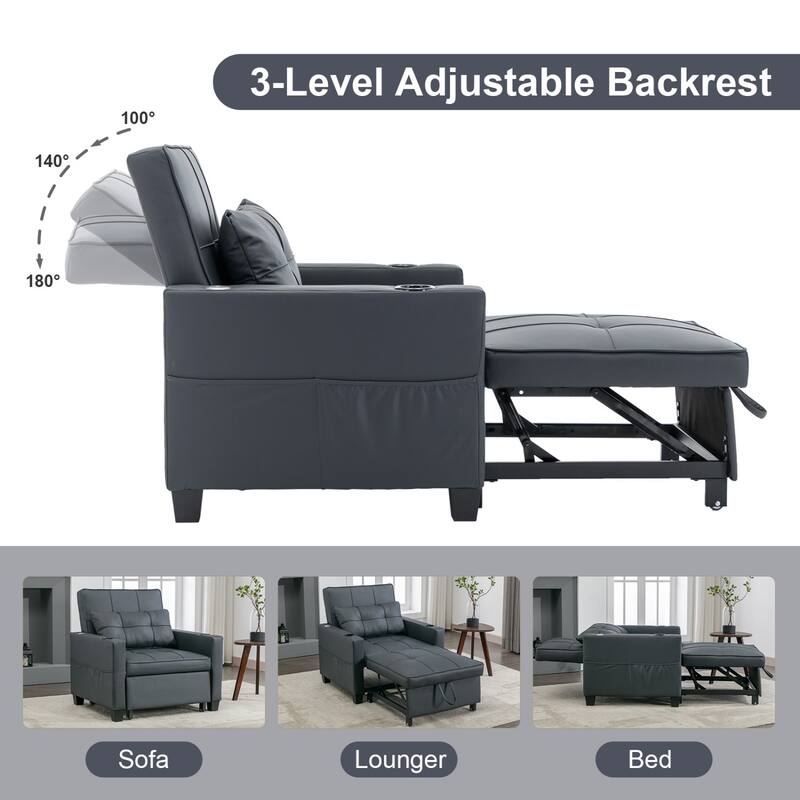 3-in-1 Pull out Convertible Futon Sleeper Armchair Beds with USB Ports