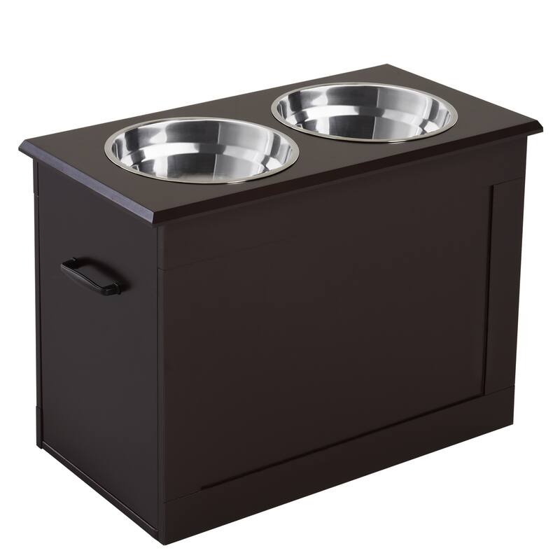 Raised Pet Feeding Storage Station with two Stainless Steel Bowls Base for Large Dogs and Other Large Pets - Brown