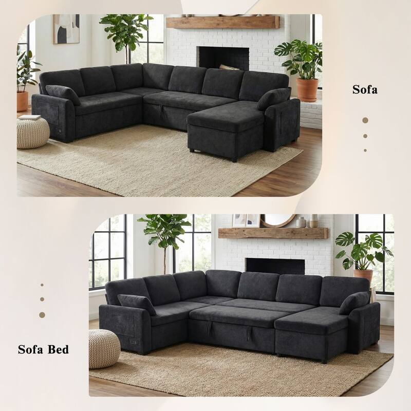 111.2" U-shaped Sofa with Reversible Chaise and Convertible Sofa Bed