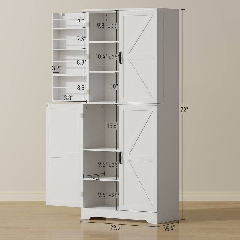 HOMCOM 72" Farmhouse Kitchen Pantry Cabinet, Freestanding Tall Storage Cabinet with 4 Adjustable Shelves and 8 Door Shelves