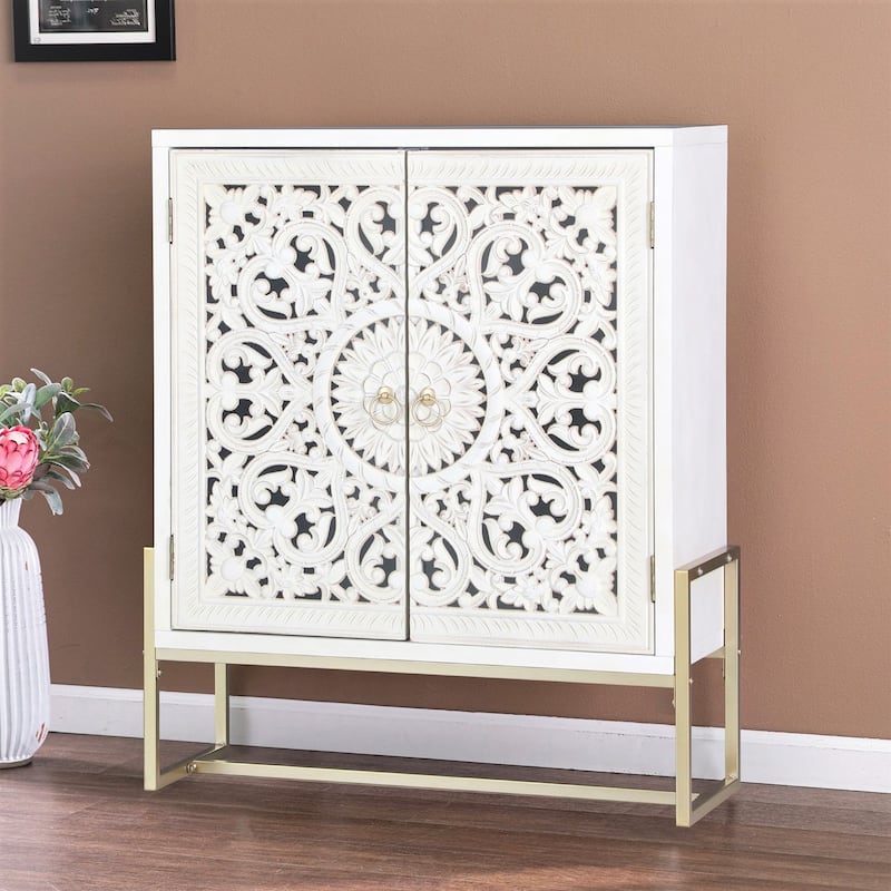 2-Door White Flower Hollow-Carved Metal Feet Cabinet