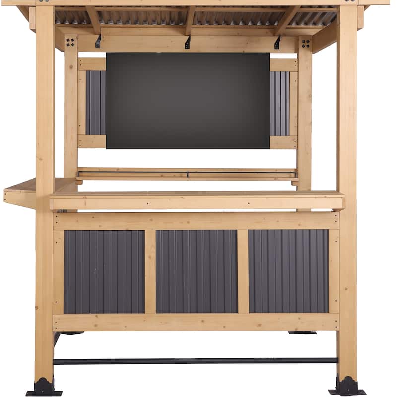 Cedar Wood Outdoor Bar Gazebo with PVC Roof, 85" x 76" Backyard Pavilion with TV Mount, Double Bar Counte