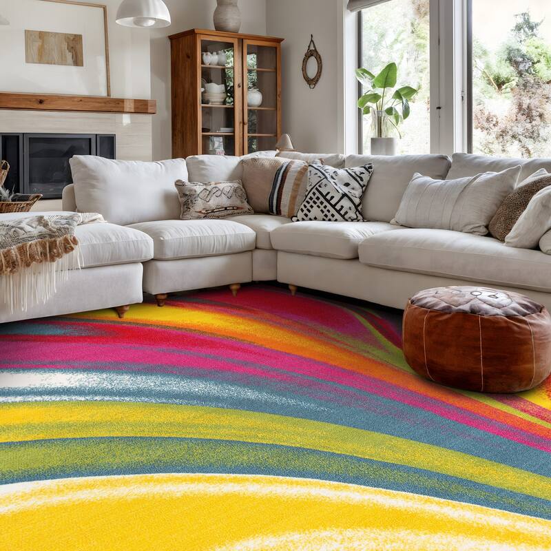 World Rug Gallery Modern Contemporary Waves Multicolored Non-slip Non-skid Area Rug - 6'6" x 9' - Multi