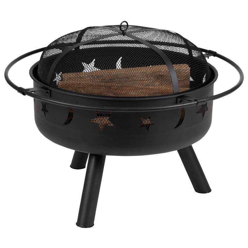 Star and Moon Fire Pit with Mesh Cover & 4 Poly Resin Adirondack Chairs