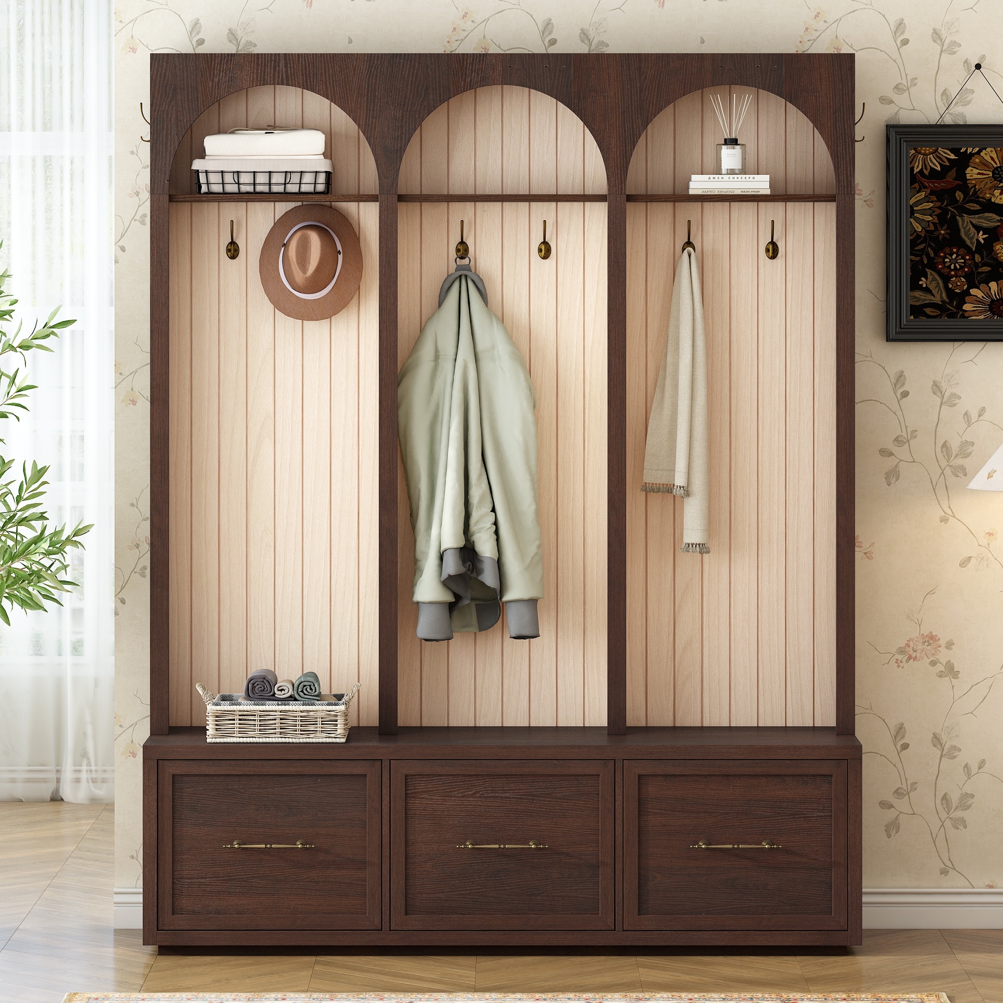 Wooden Hall Tree with Arched Design, Entryway Bench with 8 Hooks, Coat Rack Shoe Cabinet with 3 Drawers