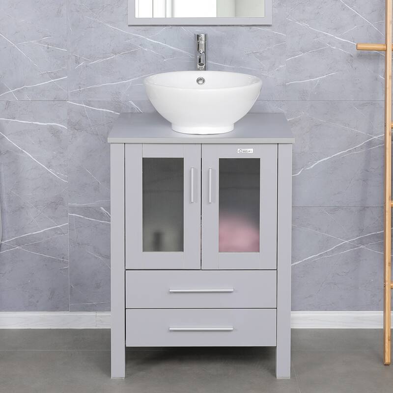 Eclife 24" Bathroom Vanity Gray Set Glass/ Ceramic Vessel Sink Cabinet Faucet Drain Combo Free Standing - white ceramic round sink