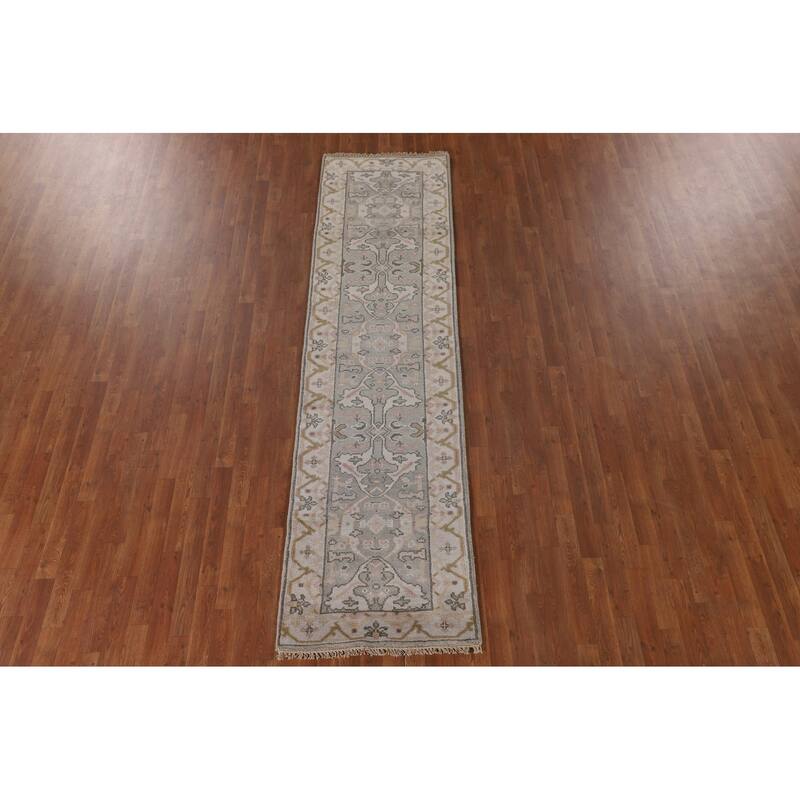 Floral Grey Oushak Oriental Runner Rug Handmade Wool Carpet - 2'7"x 9'11"