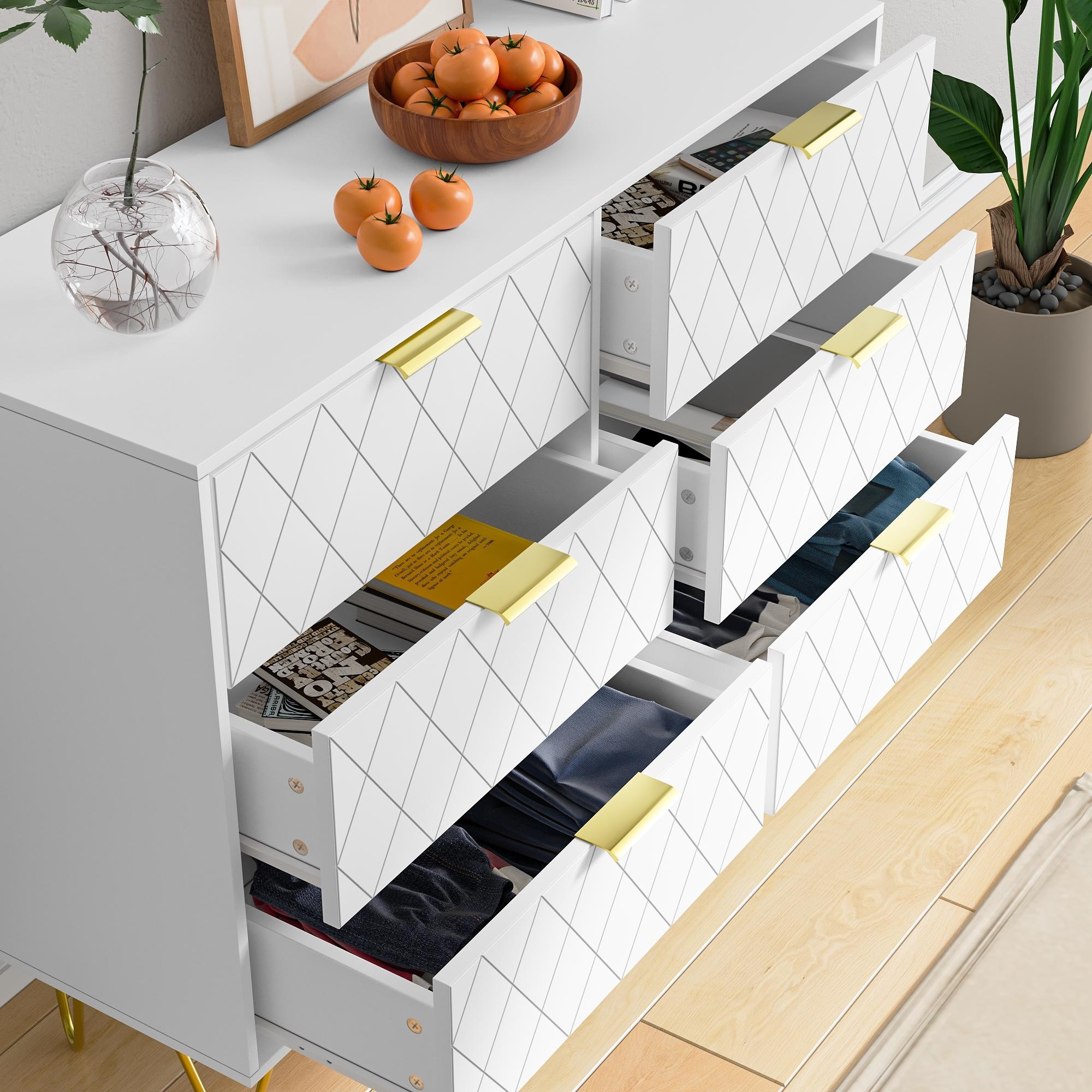 Modern White 6-Drawer Dresser with Gold Handles for Bedroom & Living Room, White - Bed Bath & Beyond