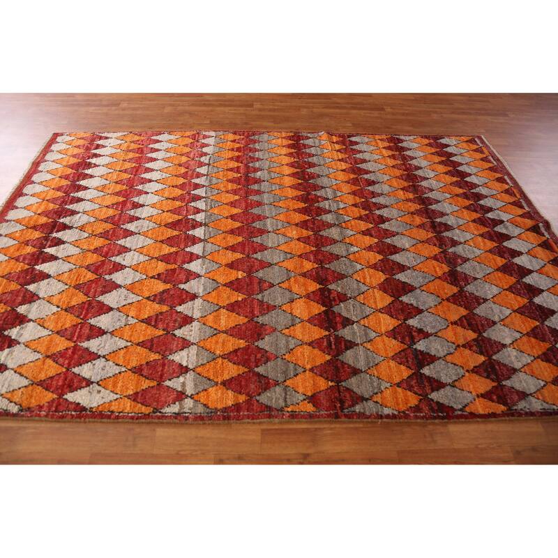 Orange Trellis Moroccan Oriental Area Rug Hand-Knotted Wool Carpet - 6'4" x 9'9"