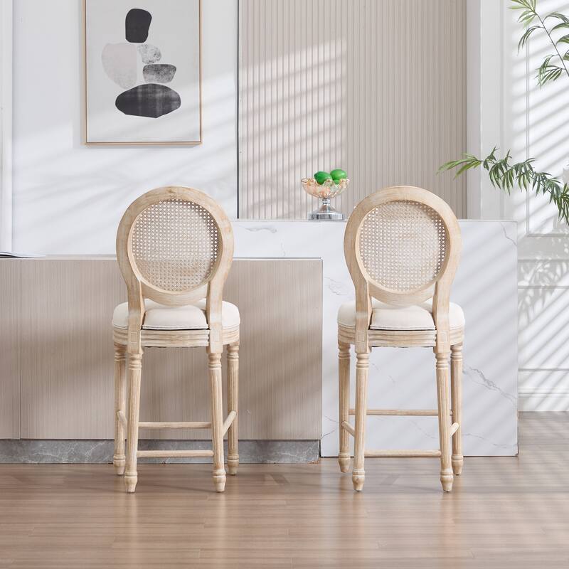 French Country Dining Chairs Set of 2, Upholstered Chairs with Nature Rattan Round Back, Wire drawing and carving techniques
